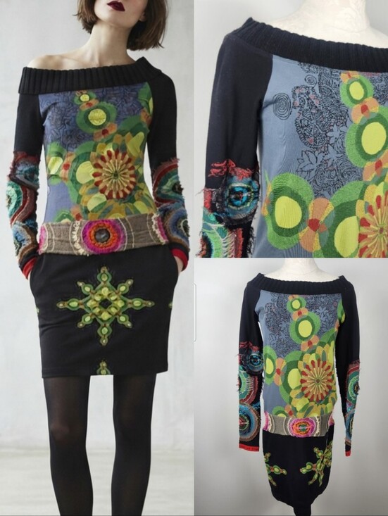 Desigual Dresses & Skirts - Desigual Mixed Media Long Sleeve Stretch Dress Sz M Artsy Art To Wear Grunge Y2K